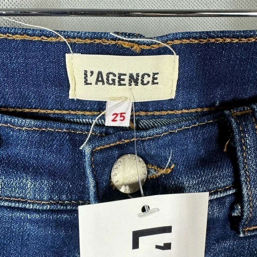 L’AGENCE Audrey Mid Rise Blue Denim Raw Hem Fray Short Size 25
